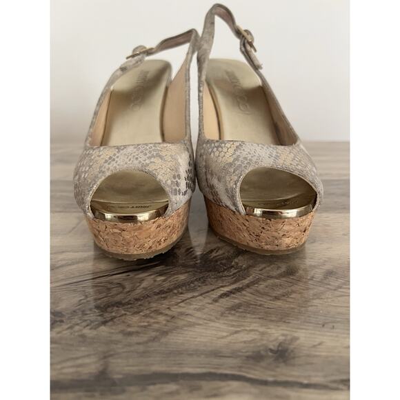 Jimmy Choo Prova Snake Print Silver Metallic Cork Wedges Heels Size 36.5 - Picture 2 of 10